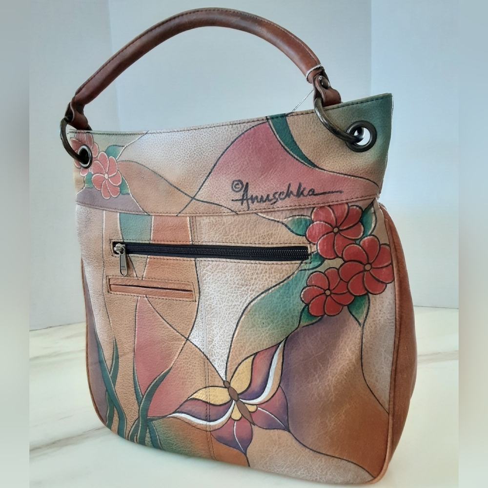 Anuschka Brown Multi-Color Hand-Painted Leather Hobo Bag - Picture 7 of 12